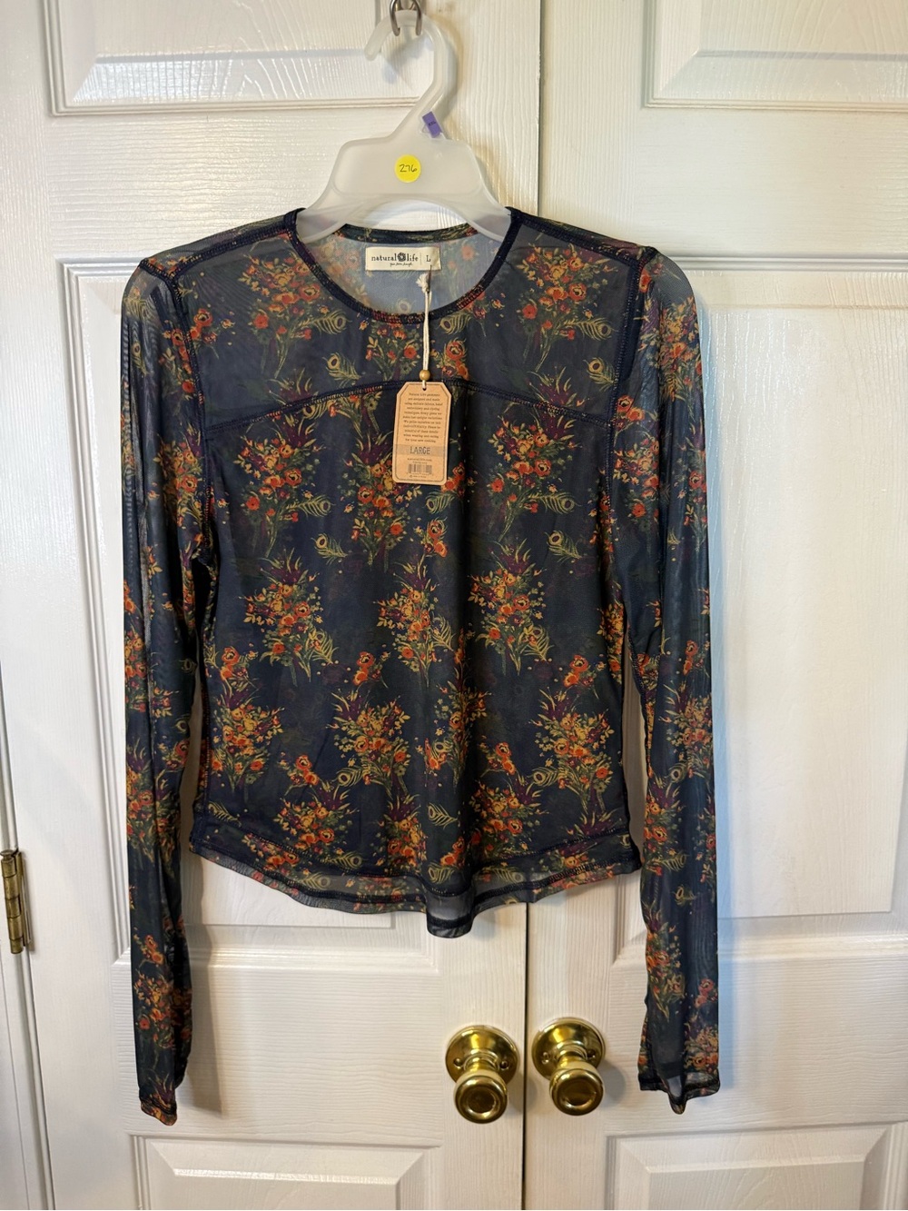 NATURAL LIFE Black Sheer Long-Sleeve Floral Mesh Top